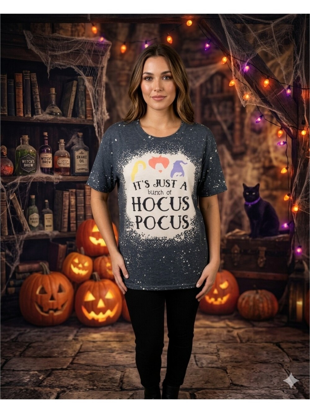Woman's Bleached Distressed Graphic "Hocus Pocus" Tee